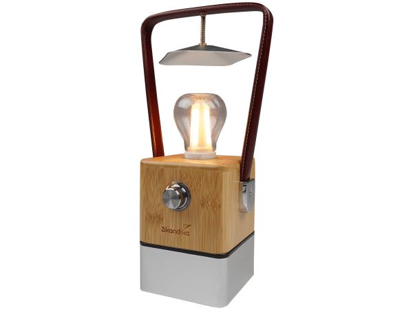 Lampe de camping rétro à LED Skandika Aurora en bambou et simili cuir