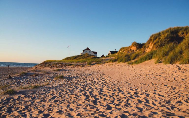 Strand in Dänemark beim Sonnenuntergang mit Dünen